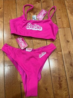 Barbie Hot Pink Ribbed Logo Bikini Set